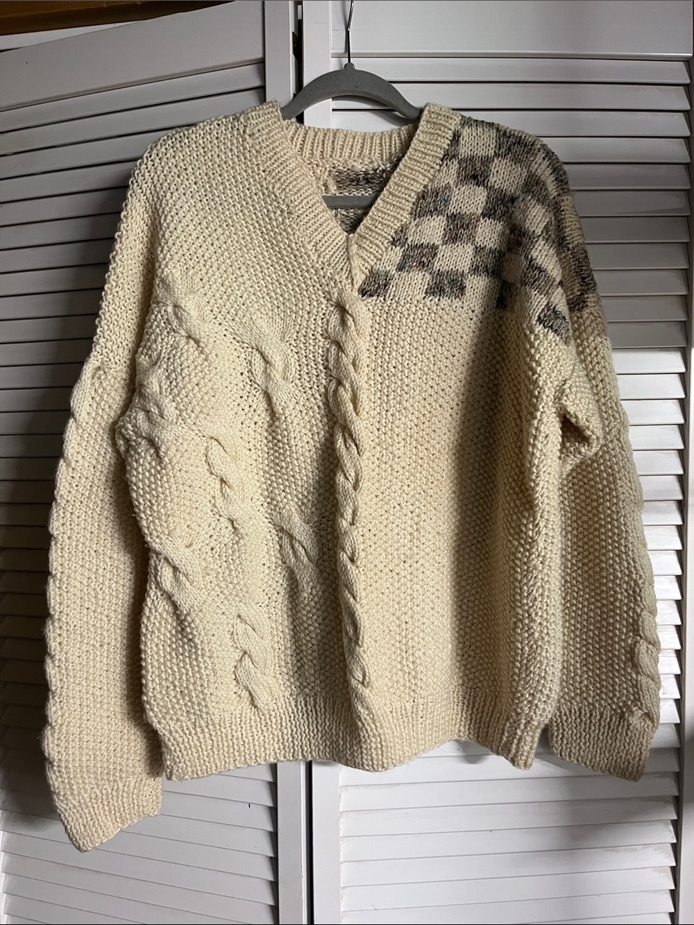 Men's Cream Cable Knit V-Neck Sweater with Checker Accents